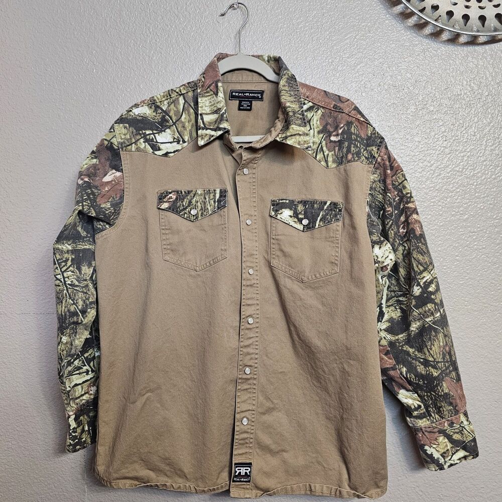 Real-Ranch Work Wear XXL Camo Western Snap Button Shirt Cotton Hunting D859